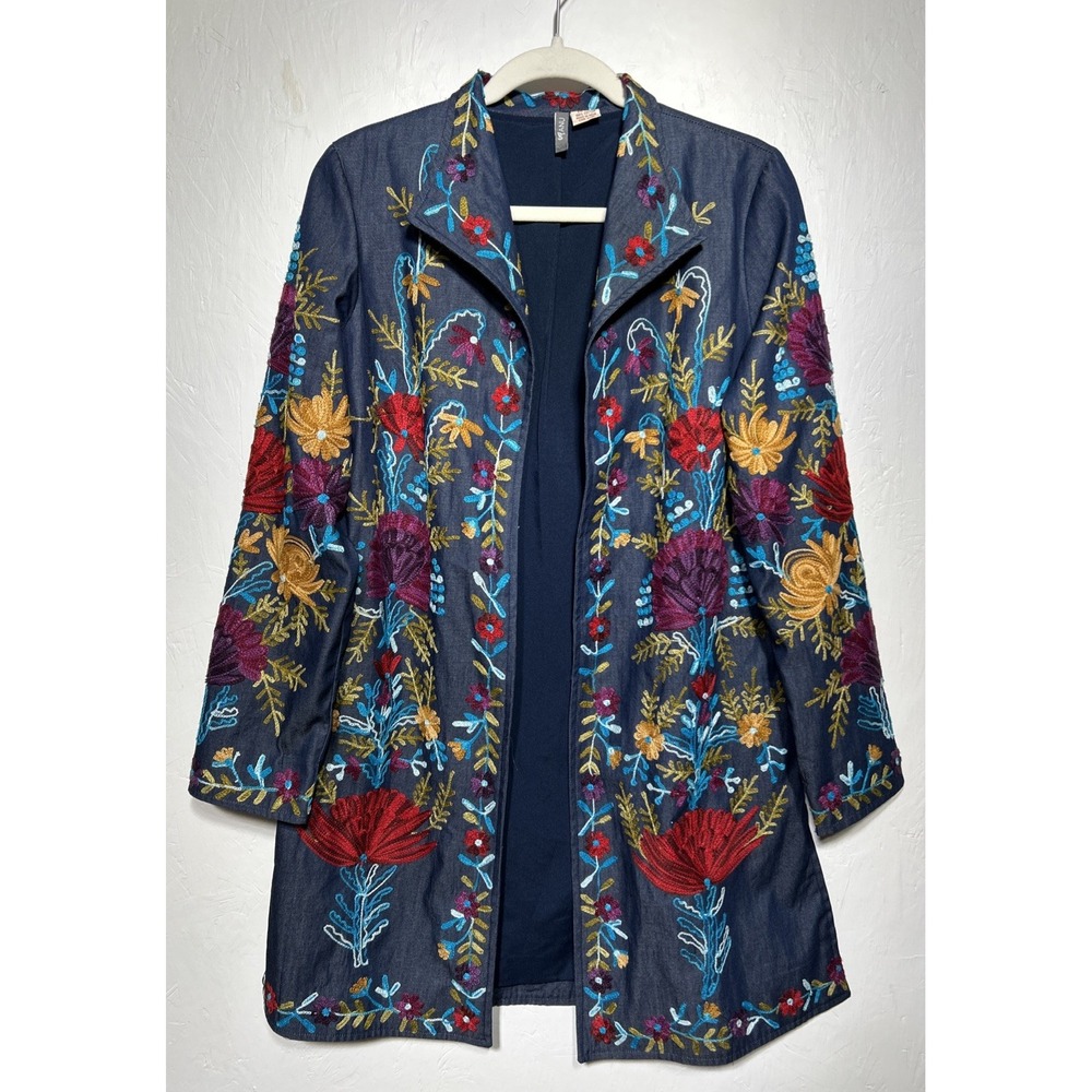 Anu Embroidered Floral Open Front Jacket Blue Red Purple Womens Size Small